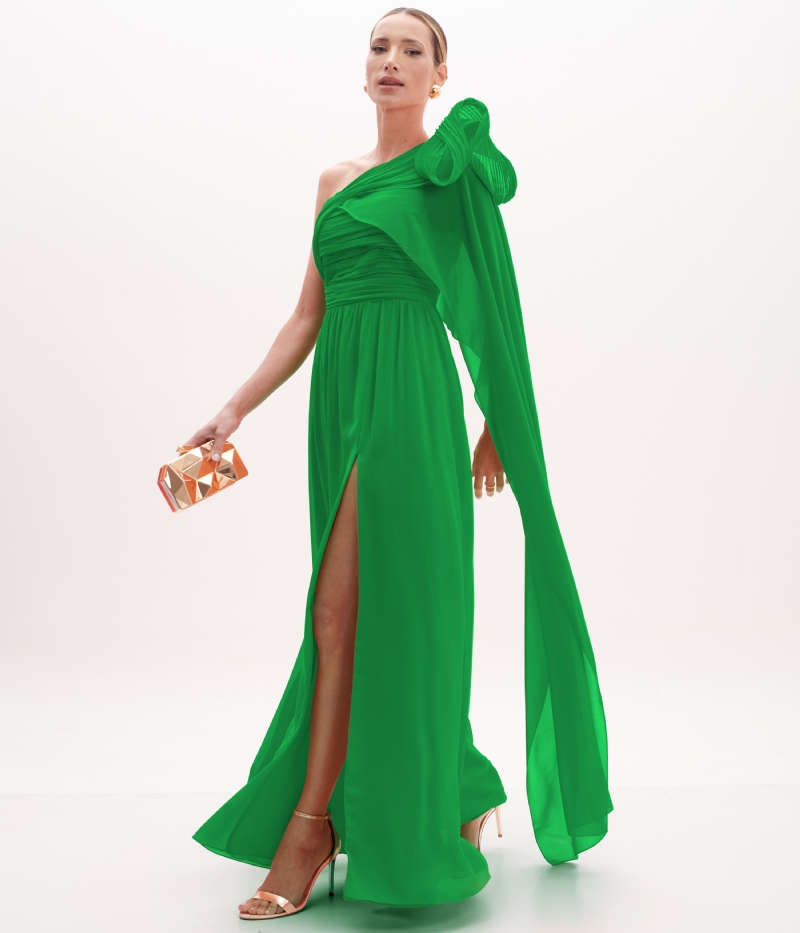 Vestido de festa longo verde com um ombro só e fenda frontal Vestido de festa longo verde com um ombro só e fenda frontal