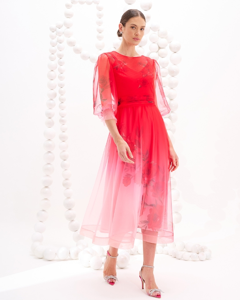Vestido de festa estampado com barra paris