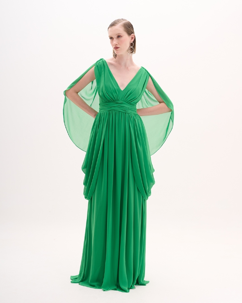 Vestido de festa longo de Chiffon com decote v e capa