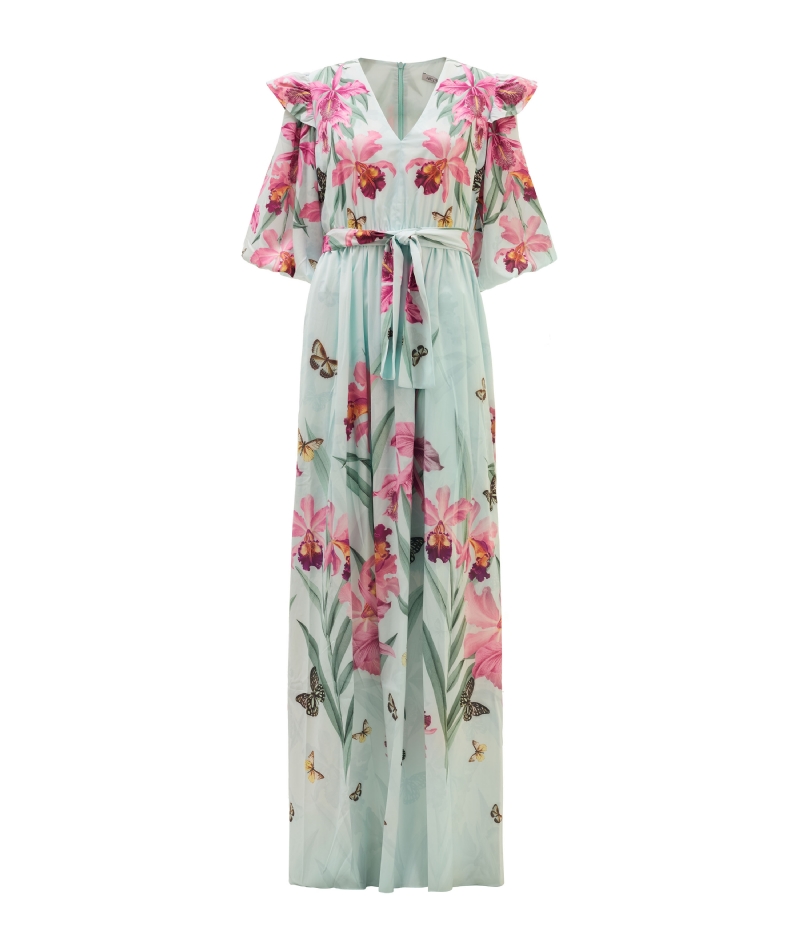 Vestido de festa estampado com decote v e elástico