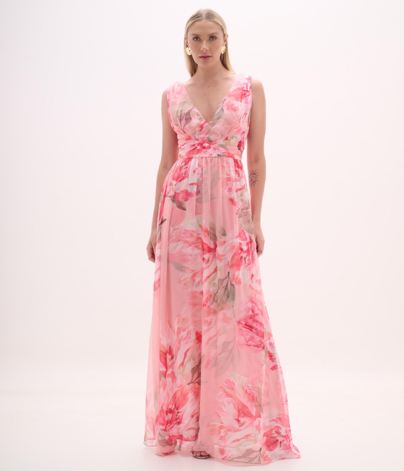 Vestido de festa longo fluido estampado