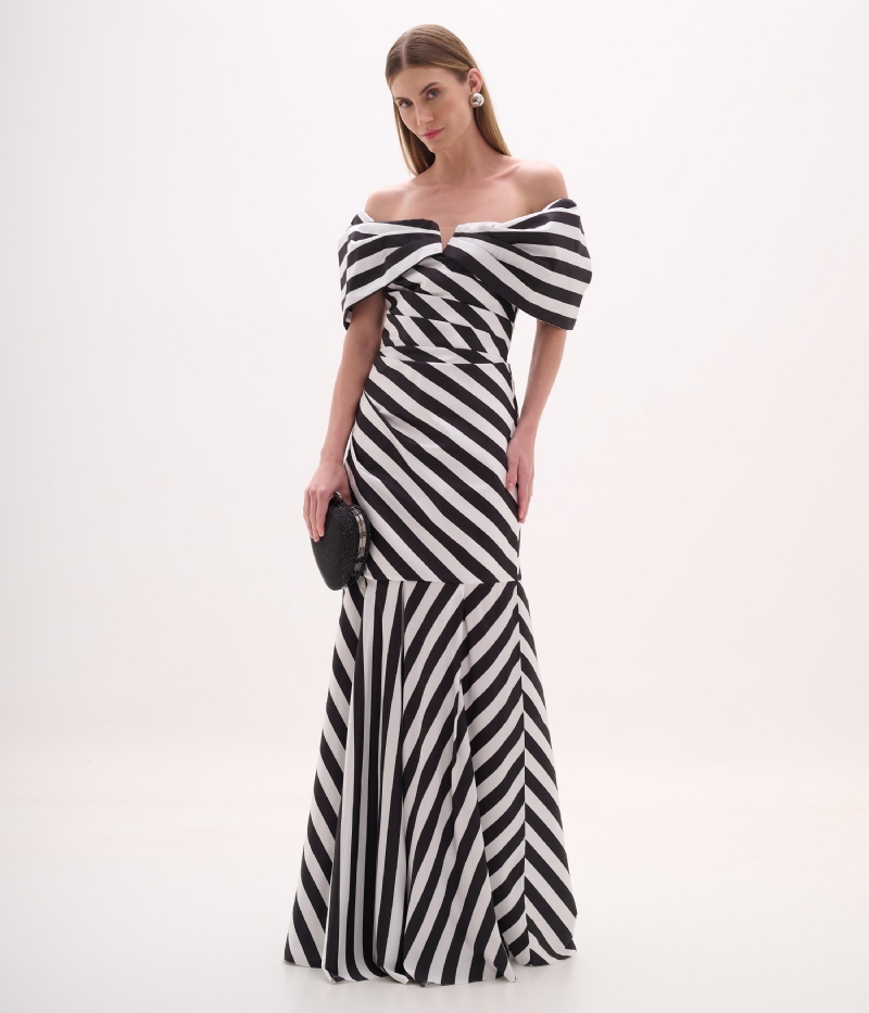 Vestido de festa ombro a ombro listrado