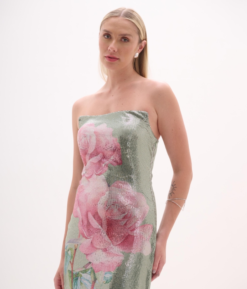 Vestido de festa longo de paetê com estampa floral