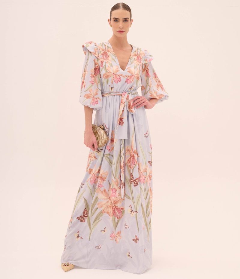 Vestido de festa estampado com decote v e elástico