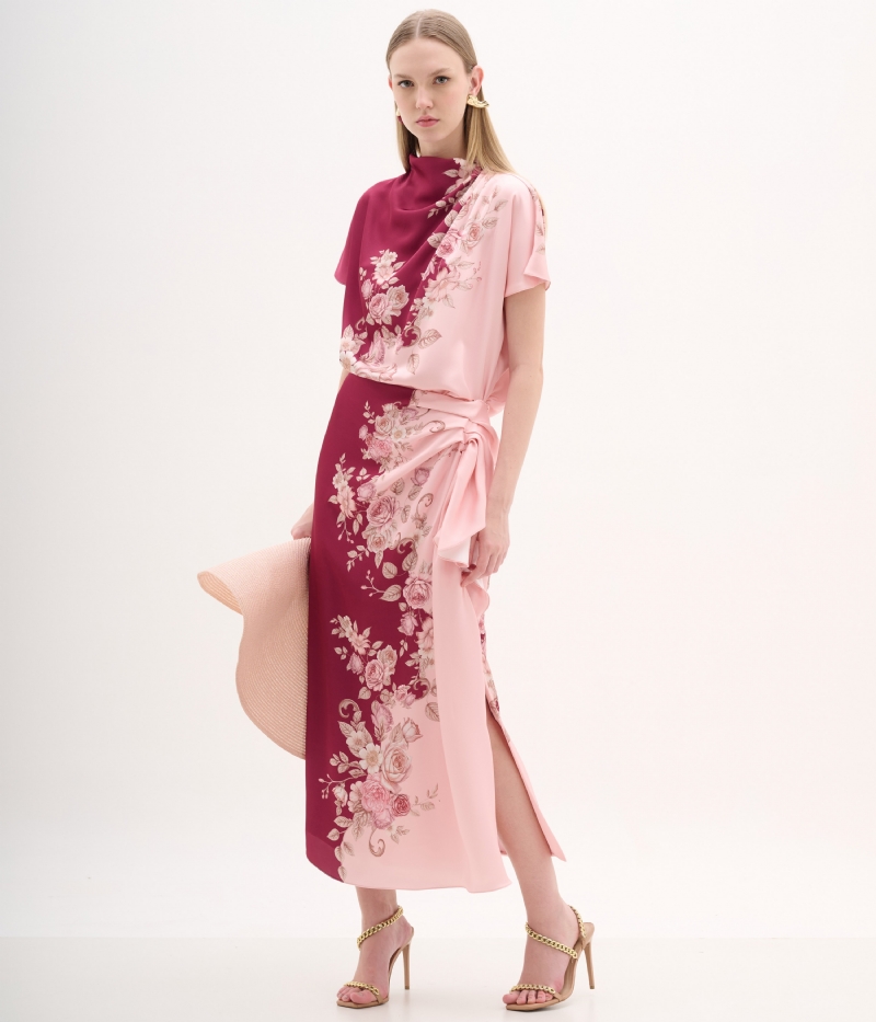 saia midi estampada com degagê lateral