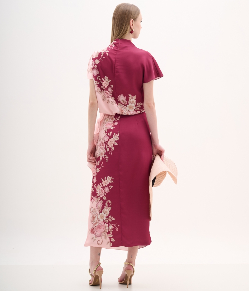 saia midi estampada com degagê lateral