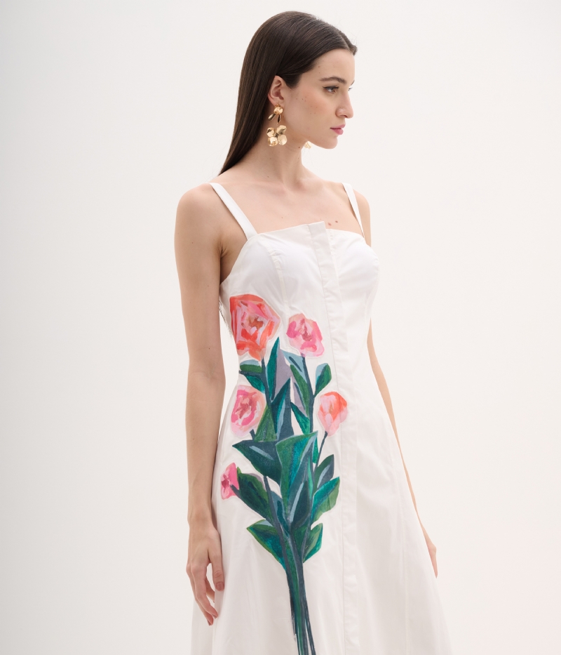 Vestido midi em tricoline com estampa exclusiva aplicada