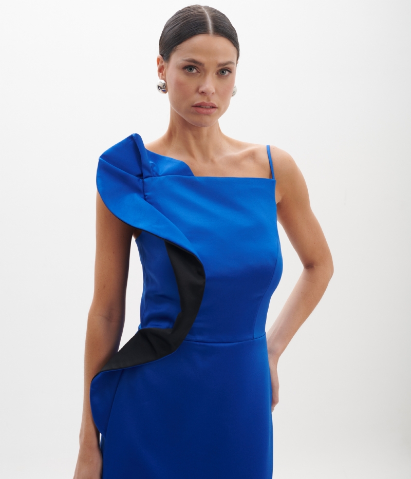 Vestido coluna bicolor com decote quadrado e jabour lateral