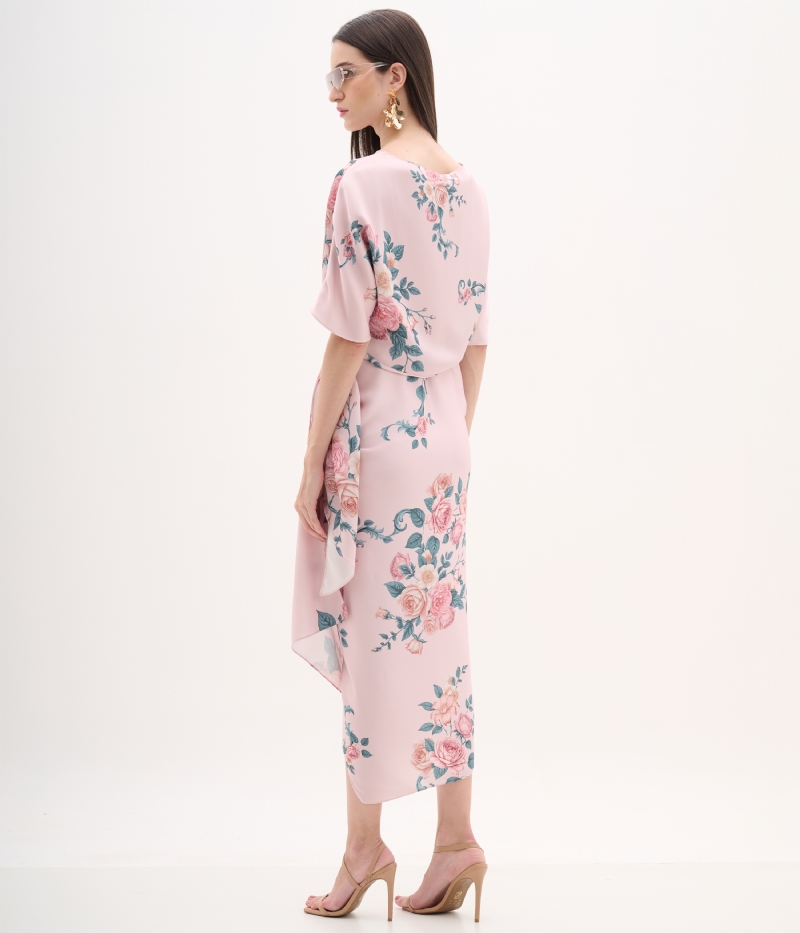 Vestido de festa midi rosa floral em cetim com drapeado lateral