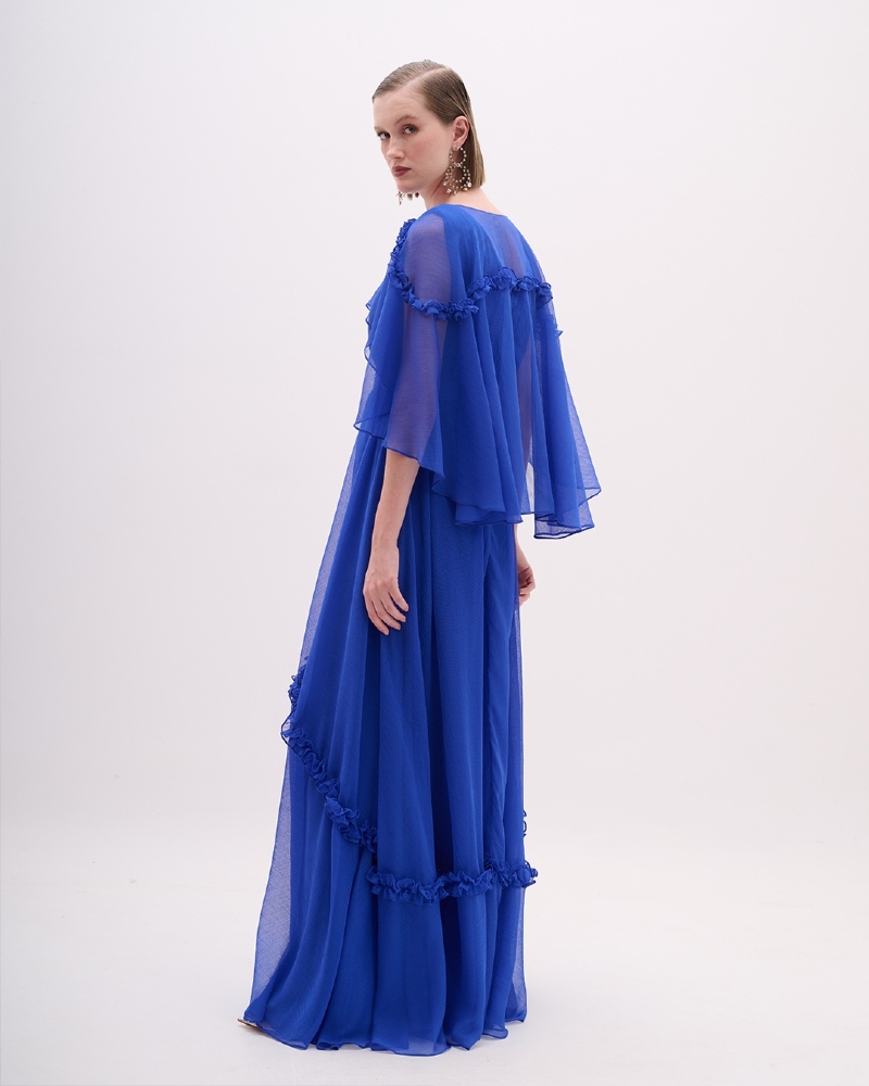 Vestido de festa longo azul royal com decote V e capa removível