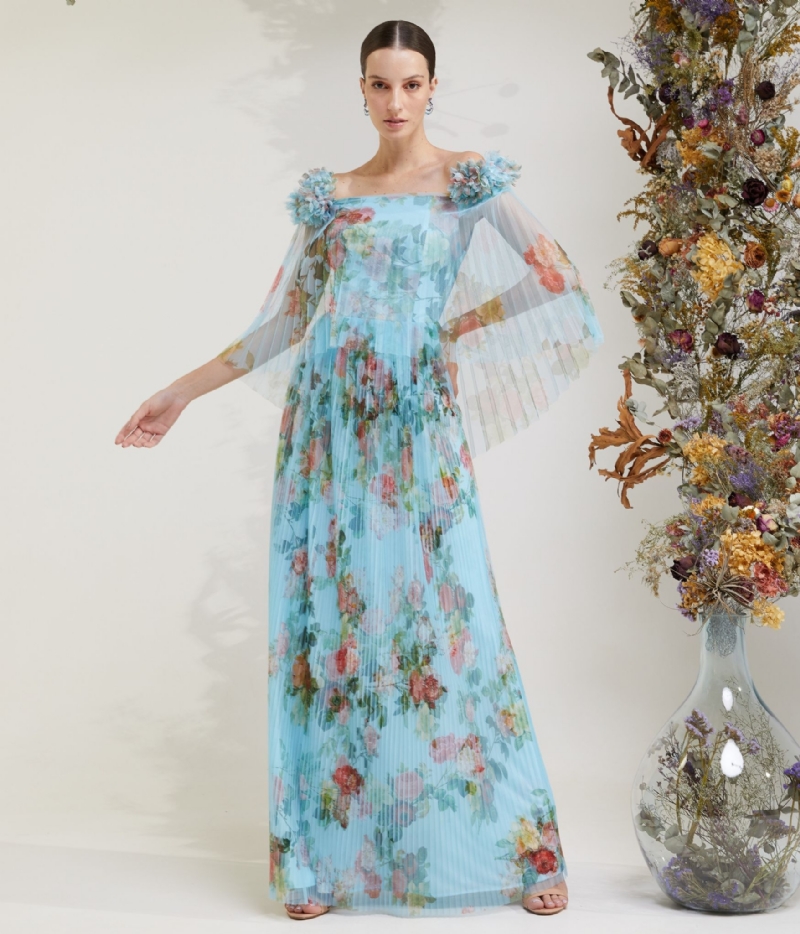Vestido de festa longo azul floral em tule plissado com aplicação
