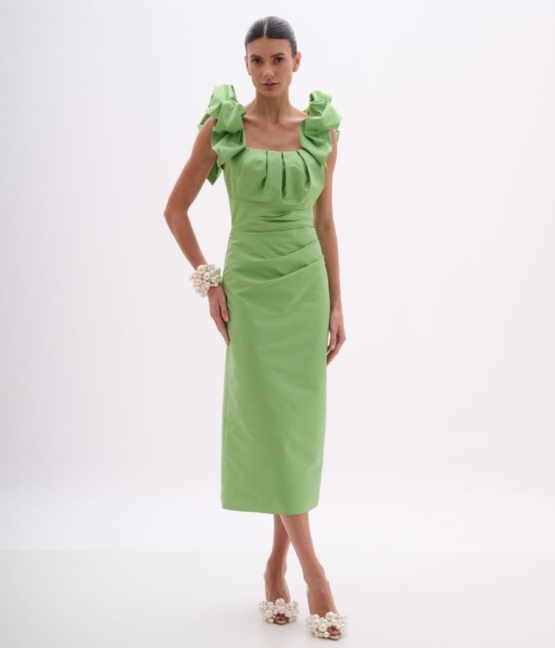 Vestido de festa midi verde com alças volumosas em tafetá