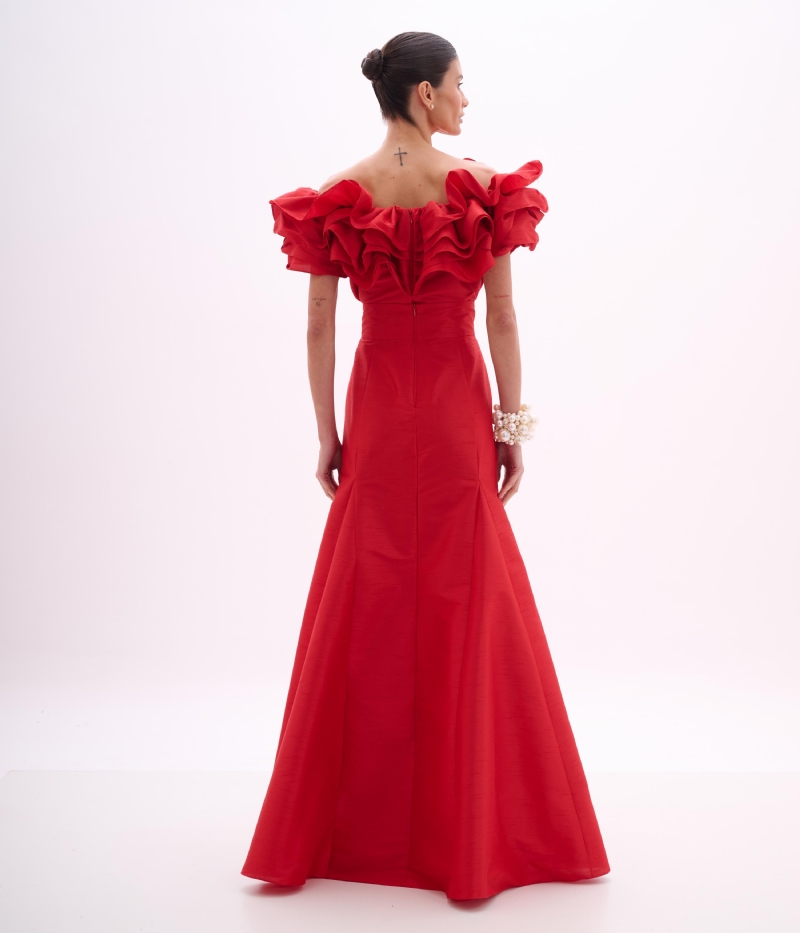 Saia de festa longa em shantung vermelho com modelagem sereia