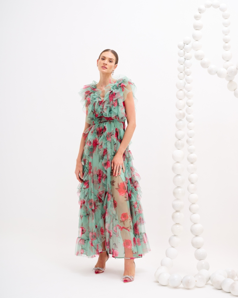 Vestido de festa longo verde com estampa floral