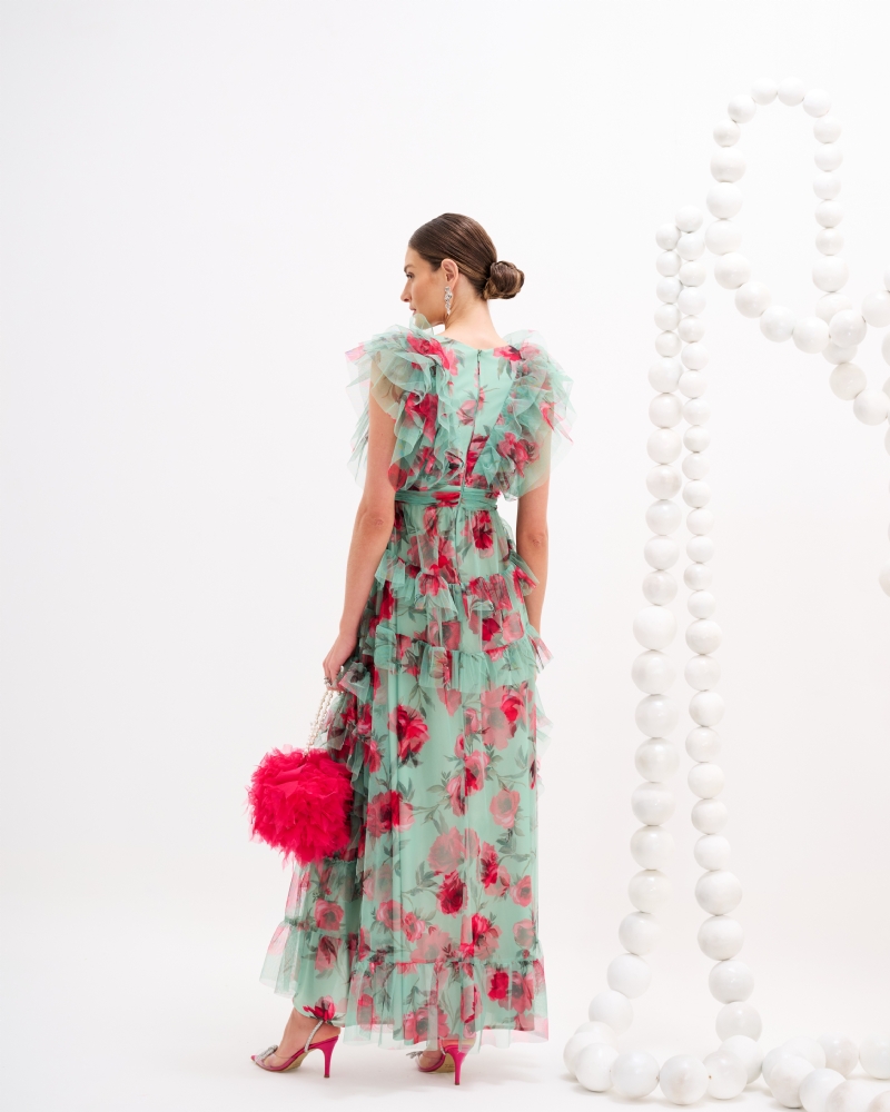 Vestido de festa longo verde com estampa floral