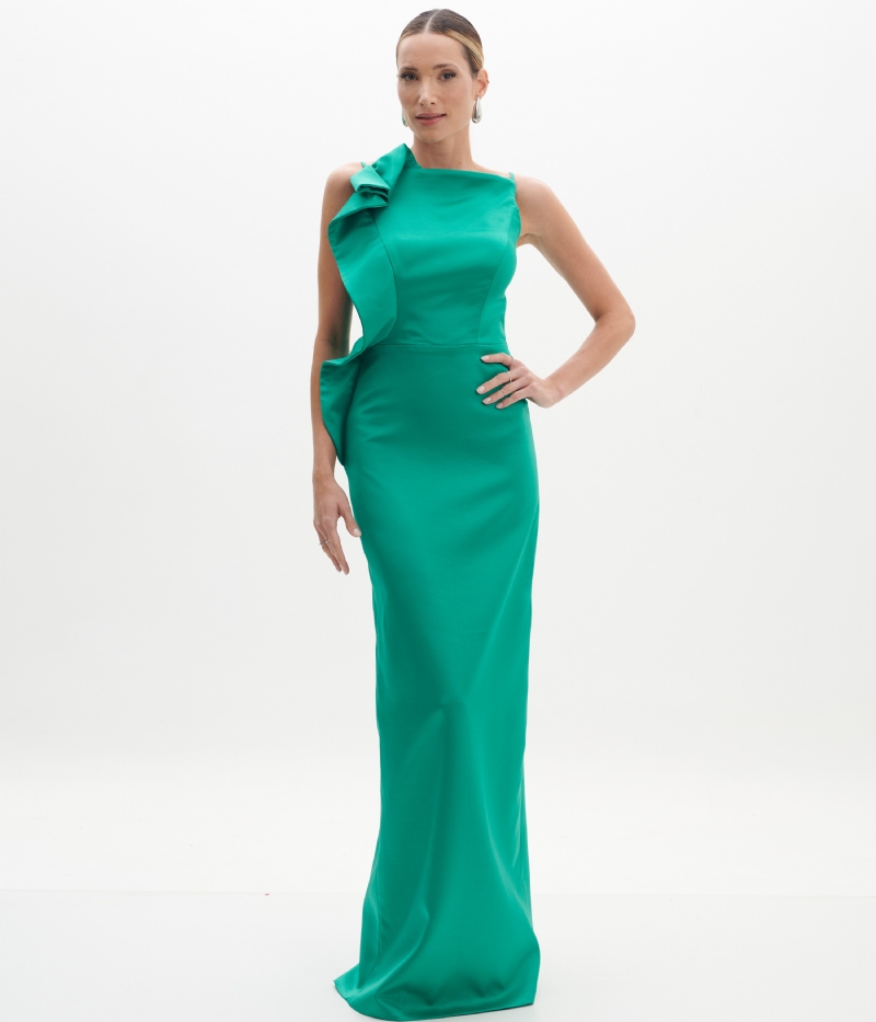 Vestido de festa longo verde com detalhe em babado lateral