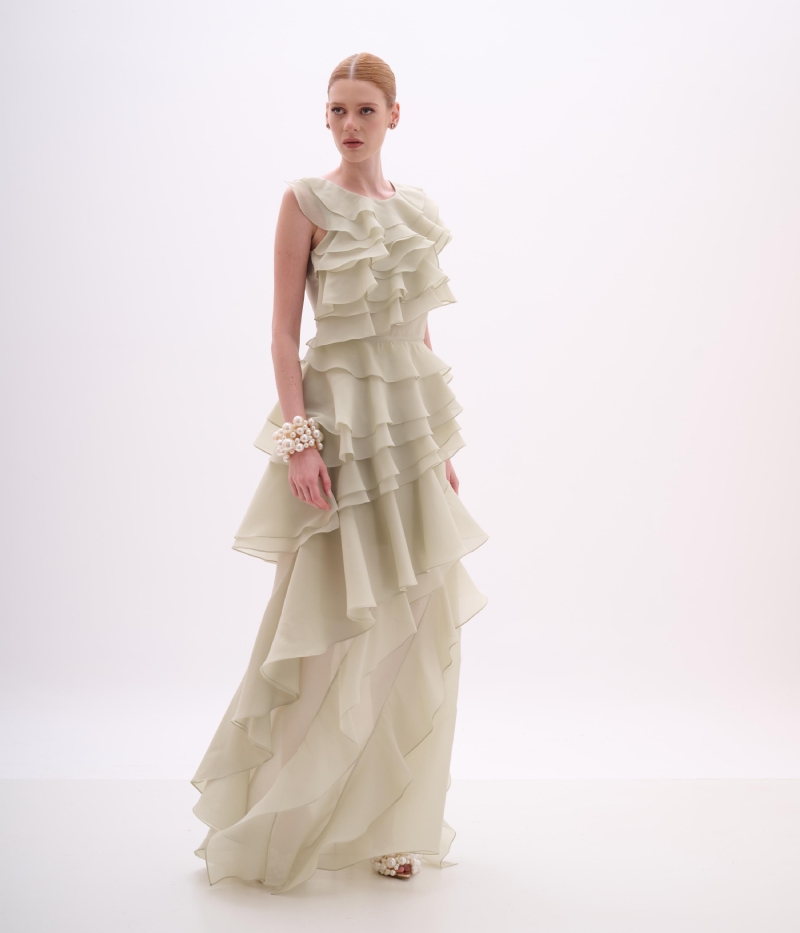 Saia longa organza capim limão com babados