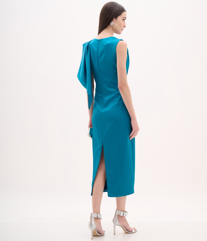 Vestido de festa midi azul com gola drapeada