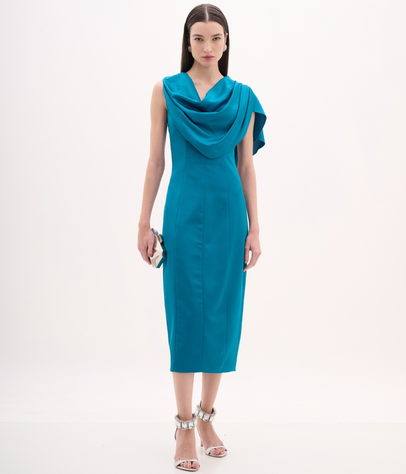 Vestido de festa midi azul com gola drapeada