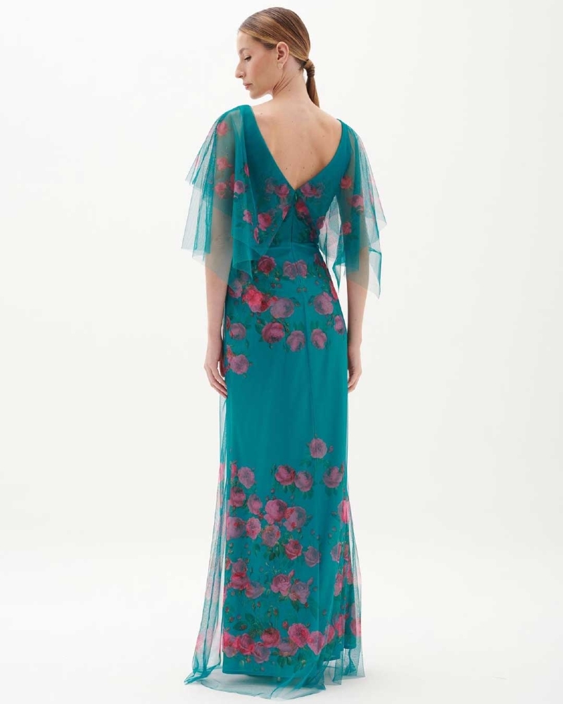 Vestido festa longo verde em tule floral