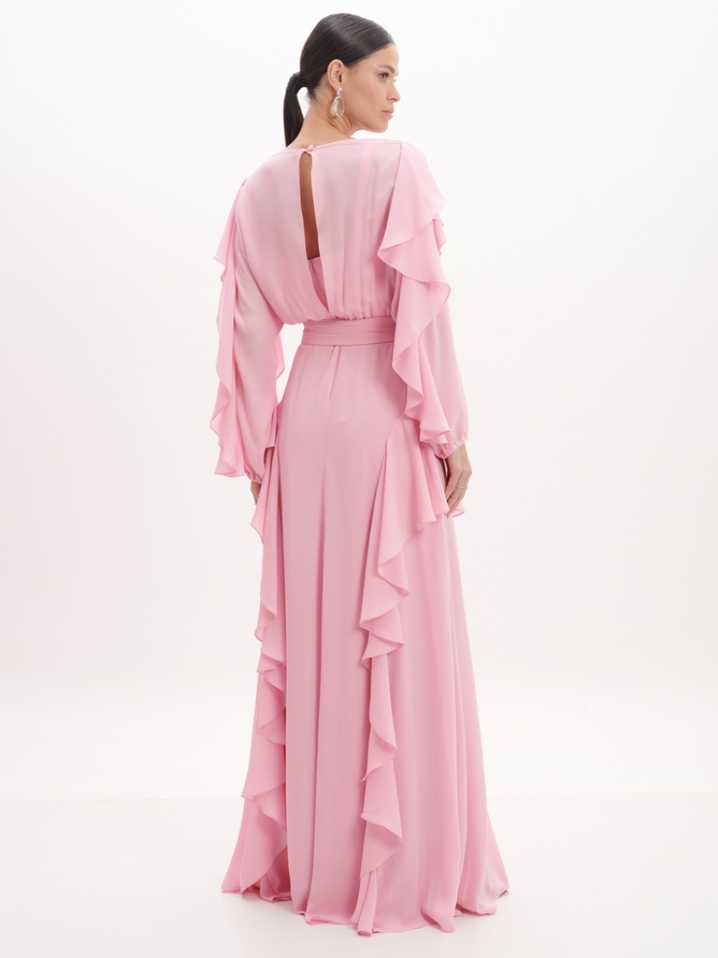 Vestido festa longo rose manga longa