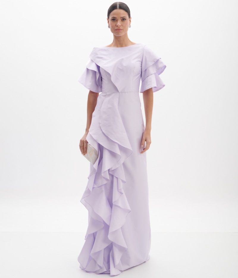 Vestido de festa longo lavanda com manga estruturada e babados