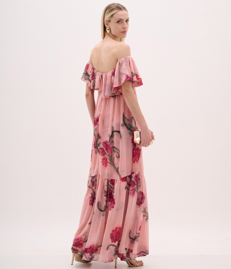 Vestido de festa longo floral em tom rosa com decote ombro a ombro