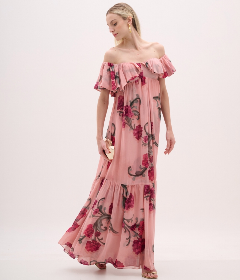 Vestido de festa longo floral em tom rosa com decote ombro a ombro