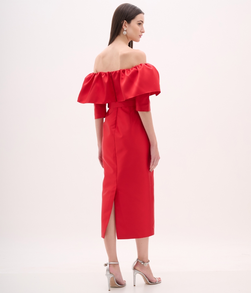 Vestido de festa midi vermelho em zibeline com decote ombro a ombro