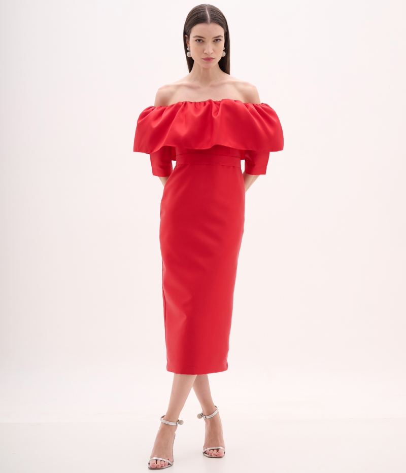 Vestido de festa midi vermelho em zibeline com decote ombro a ombro
