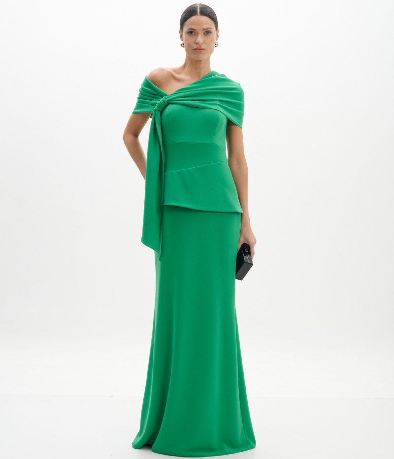 Vestido de festa longo verde esmeralda com alça única e capa removível