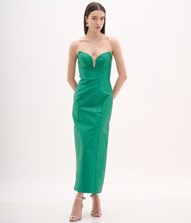 Vestido de festa midi verde esmeralda em zibeline tomara que caia com decote coração