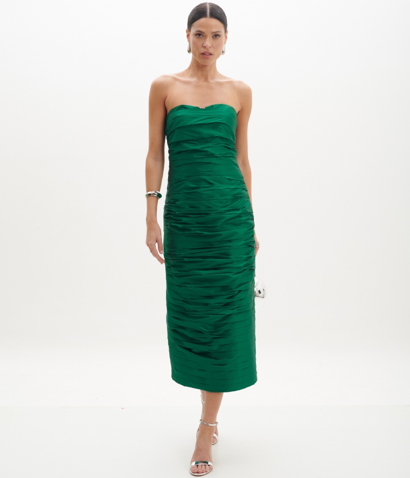 Vestido de festa midi verde esmeralda em tafetá tomara que caia drapeado