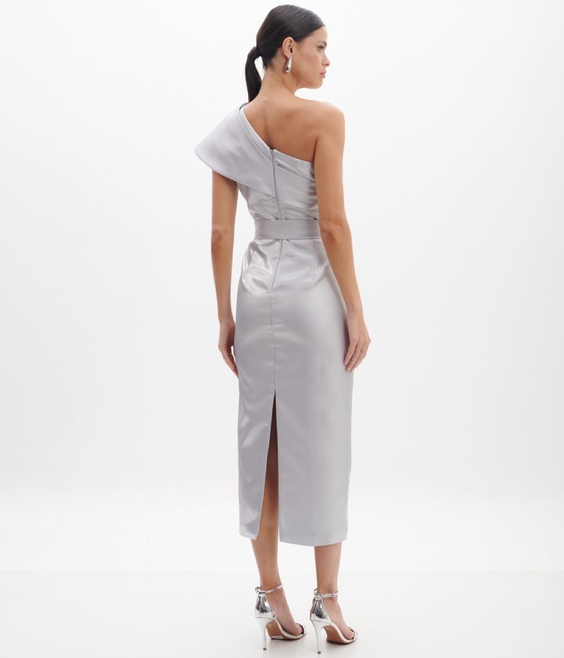 Vestido de festa midi prata assimétrico com um ombro só