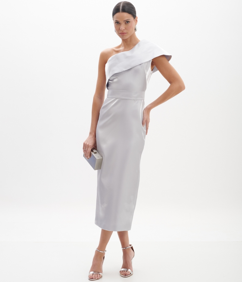 Vestido de festa midi prata assimétrico com um ombro só