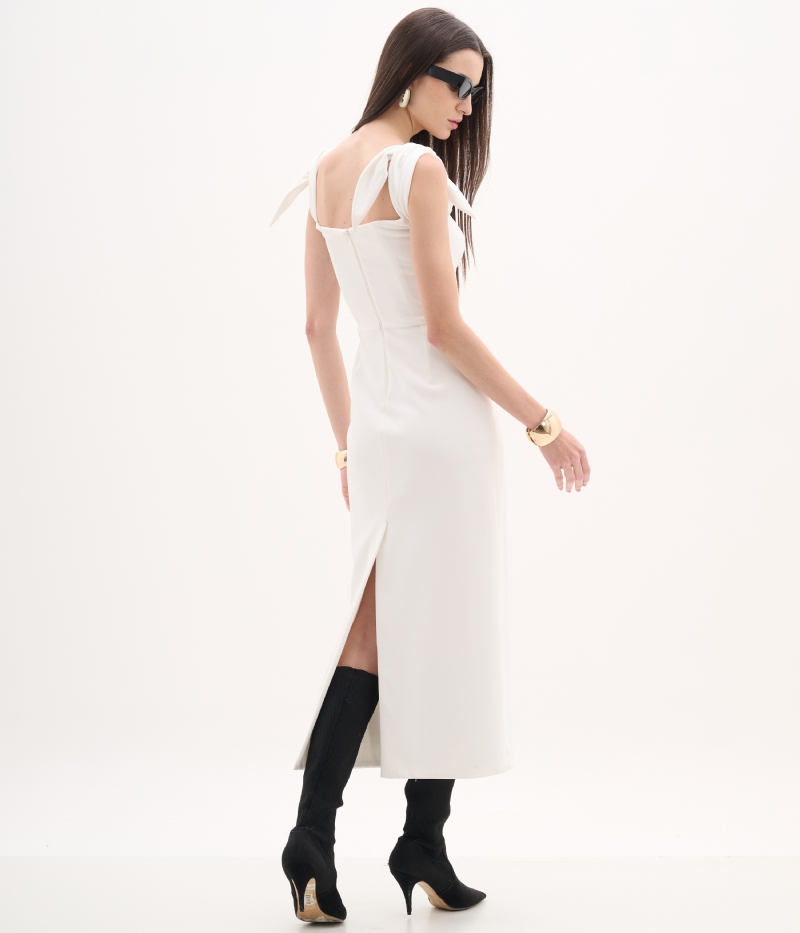 Vestido de festa midi off white ombro a ombro com laços nas mangas