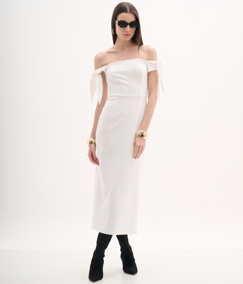 Vestido de festa midi off white ombro a ombro com laços nas mangas
