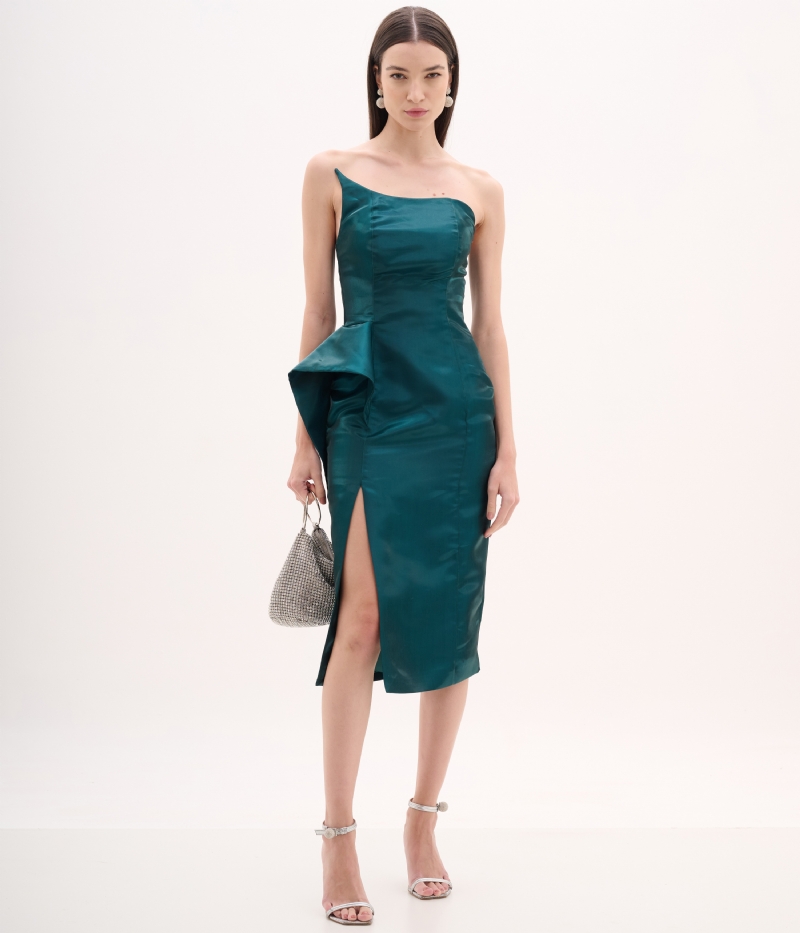 Vestido midi em zibeline verde petróleo com decote assimétrico e detalhe escultórico