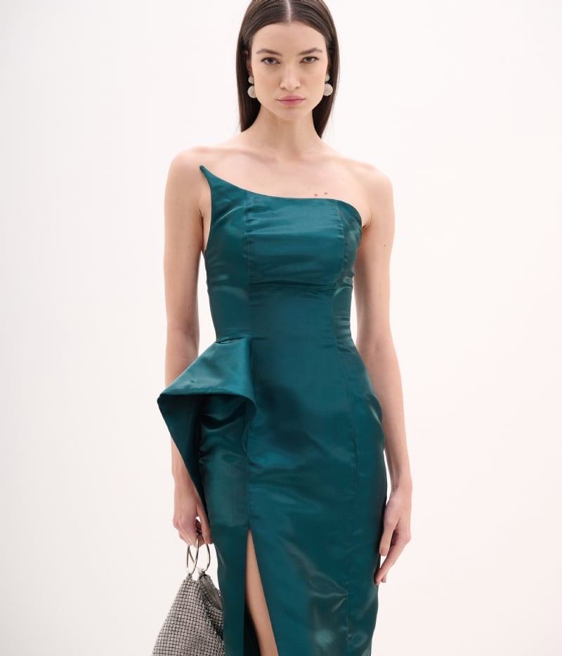 Vestido midi em zibeline verde petróleo com decote assimétrico e detalhe escultórico