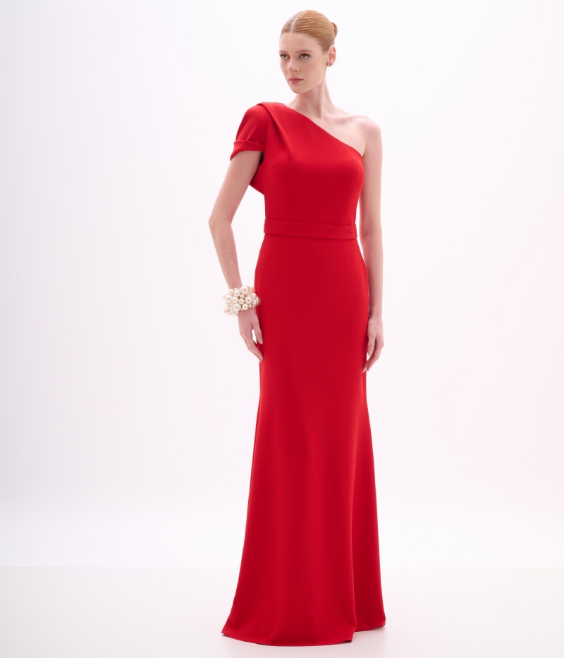 Vestido longo em crepe de malha vermelho com um ombro só