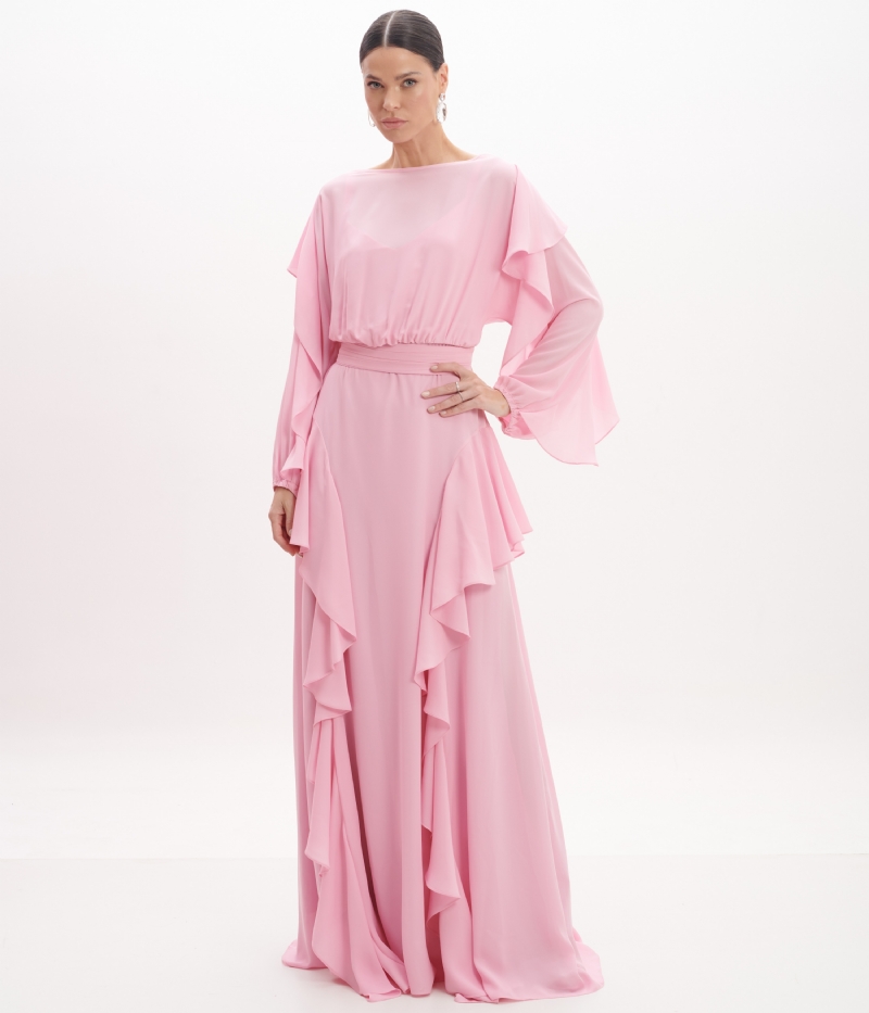 Vestido de festa longo rosa em crepe com babados
