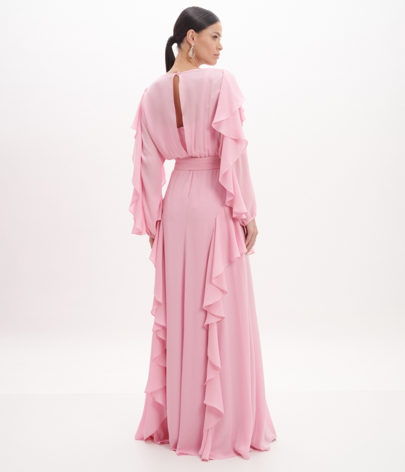 Vestido de festa longo rosa em crepe com babados