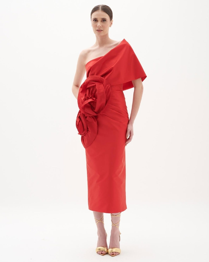 Vestido de festa mídi ombro só com aplicação floral