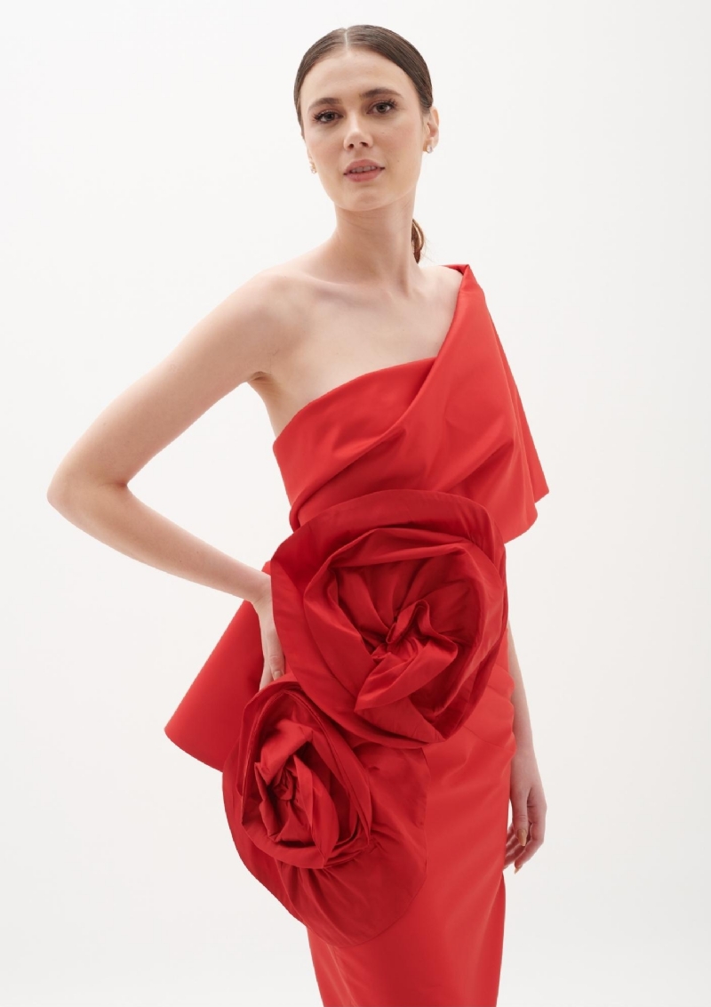 Vestido de festa mídi ombro só com aplicação floral