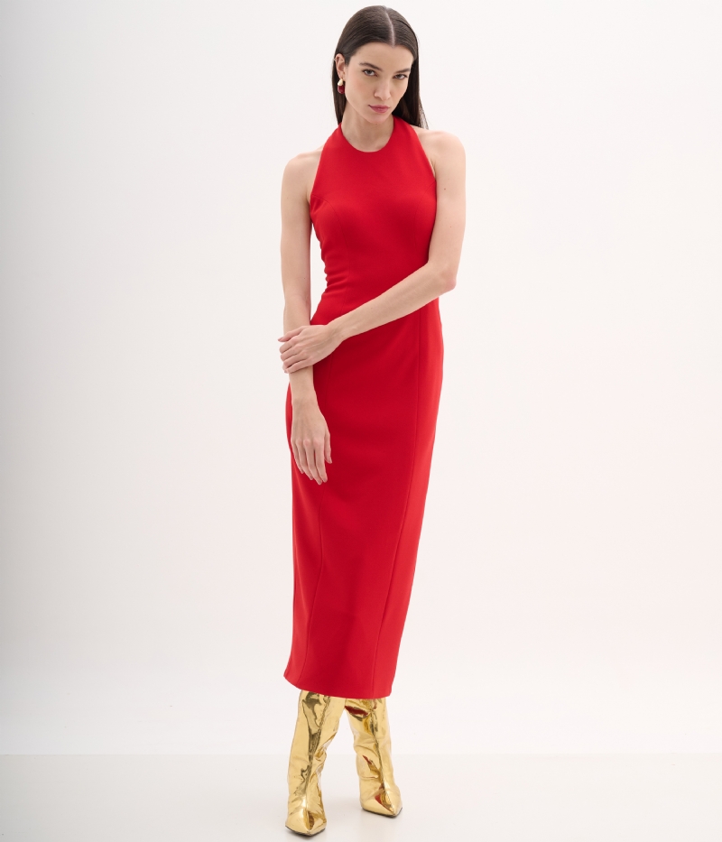 Vestido Midi Halter em Crepe de Malha com Fenda 