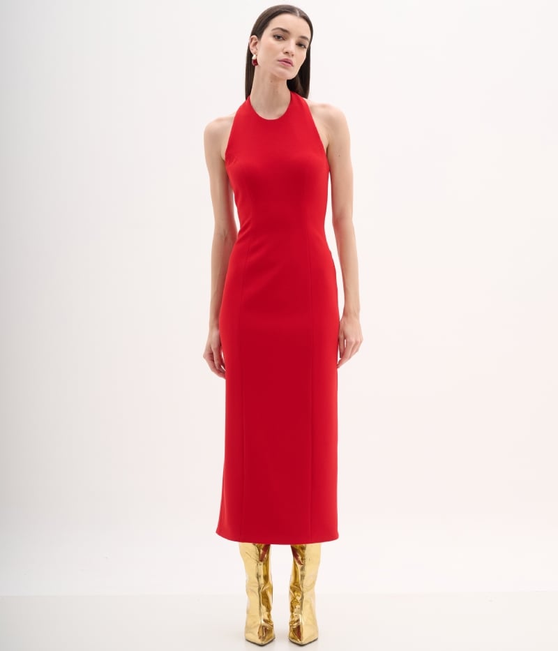Vestido Midi Halter em Crepe de Malha com Fenda 