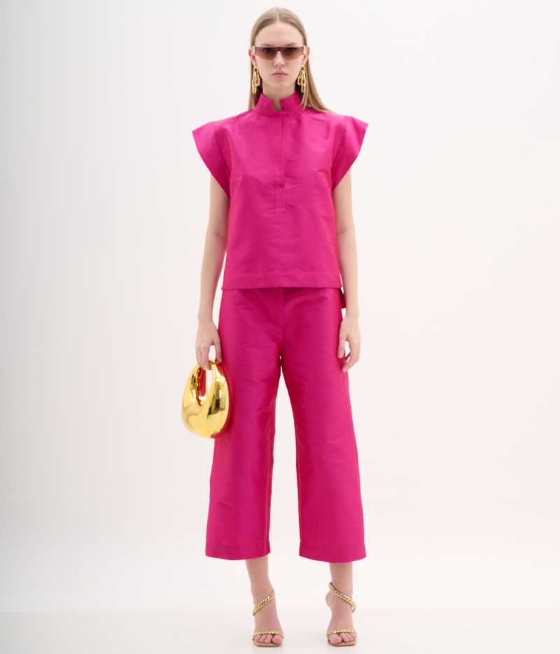 Calça Cropped em Shantung Pink de Alfaiataria