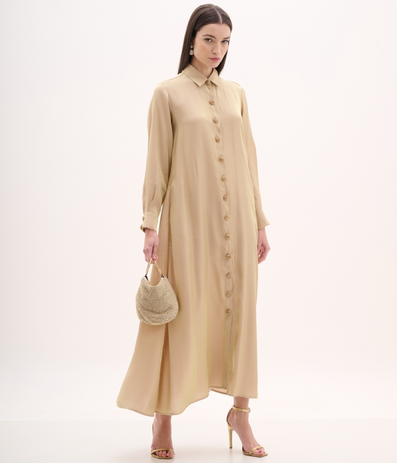 Vestido Longo Chemise em Rayon Dourado com Botões Frontais