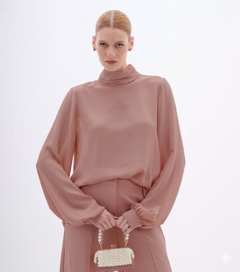 Blusa de crepe de viscose Rosa pó manga longa com gola alta