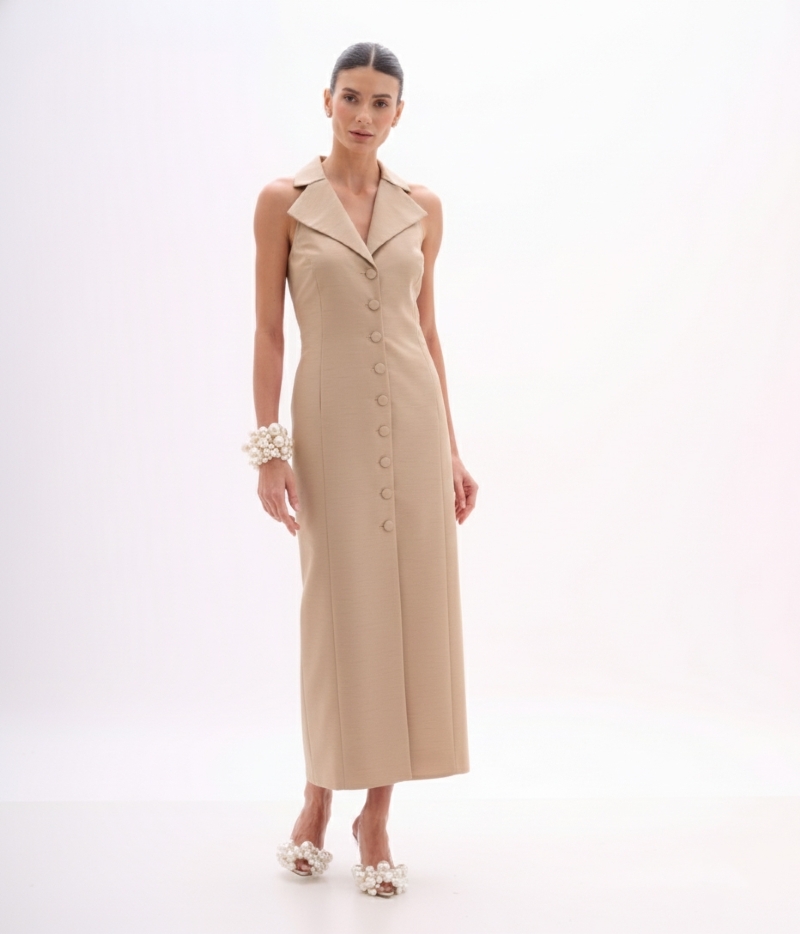Vestido Midi Alfaiatado em Shantung Nude com Botões Forrados
